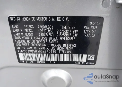 2016 Honda Hr-V Lx from USA, damaged, VIN 3CZRU5H30GM745680